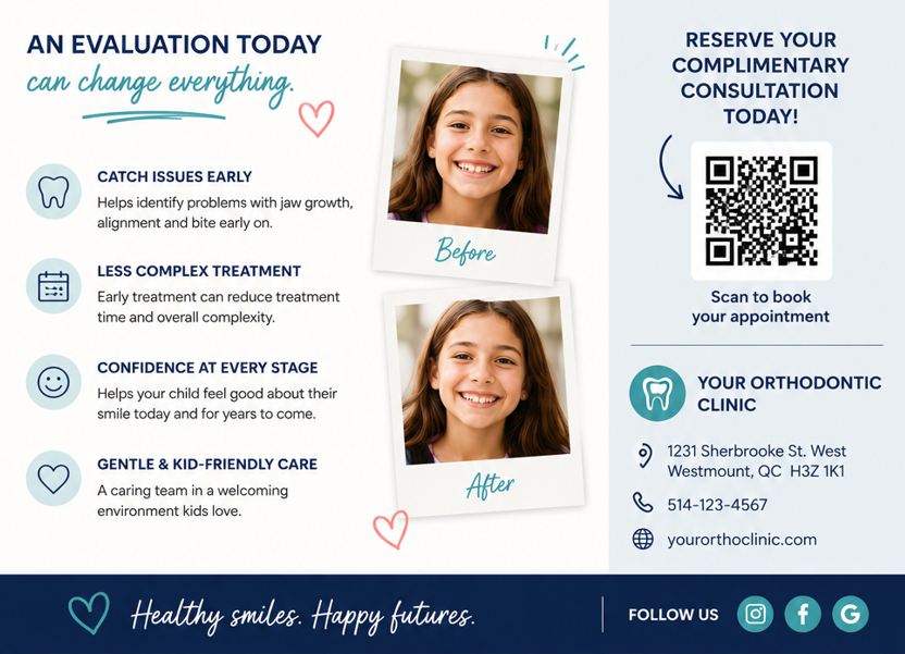 Postcard back — evaluation benefits, before/after photos, and booking QR code