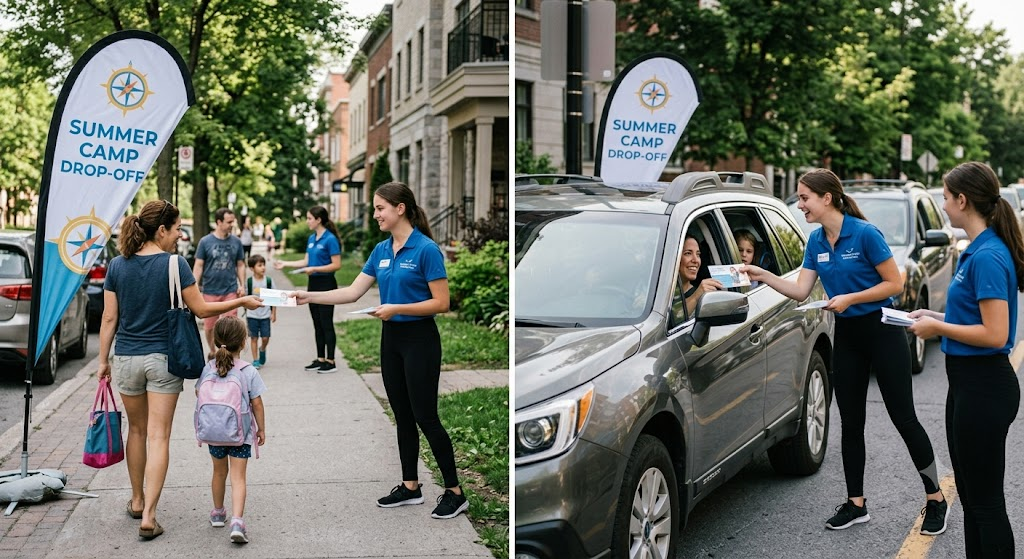 Ambassadors handing postcards to parents at summer camp drop-off