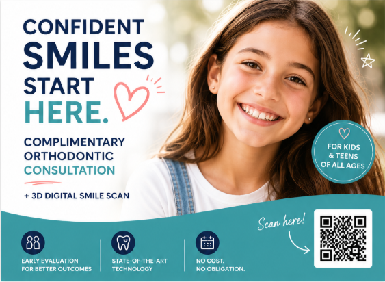 Postcard front — Confident Smiles Start Here, complimentary orthodontic consultation with QR code