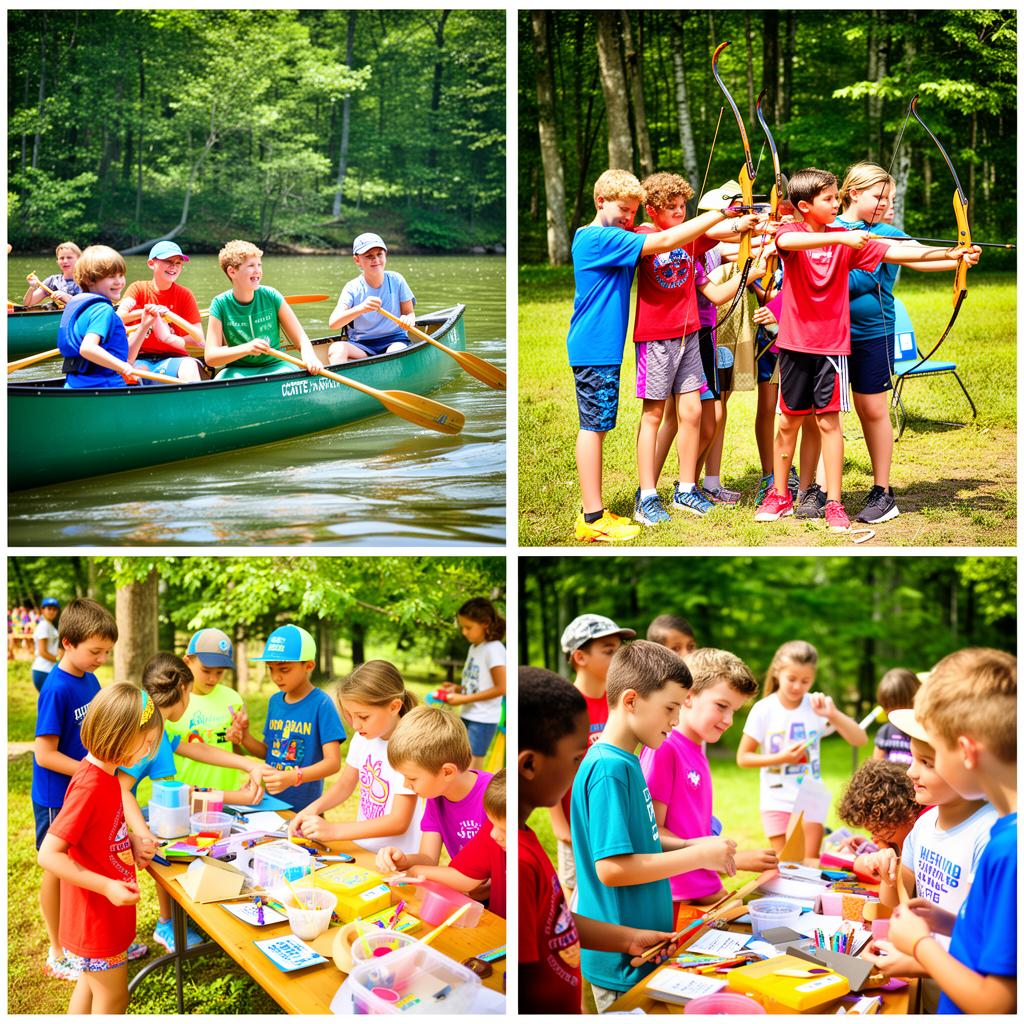 Kids enjoying summer camp activities like canoeing, archery and crafts
