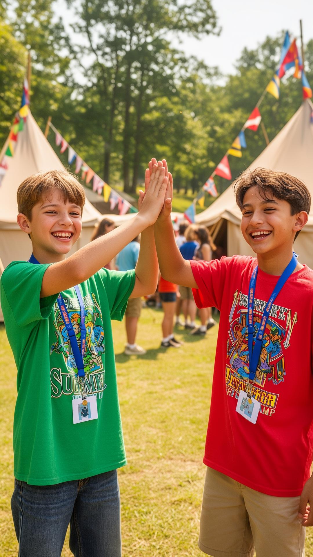Two teenage friends high-fiving at summer camp
