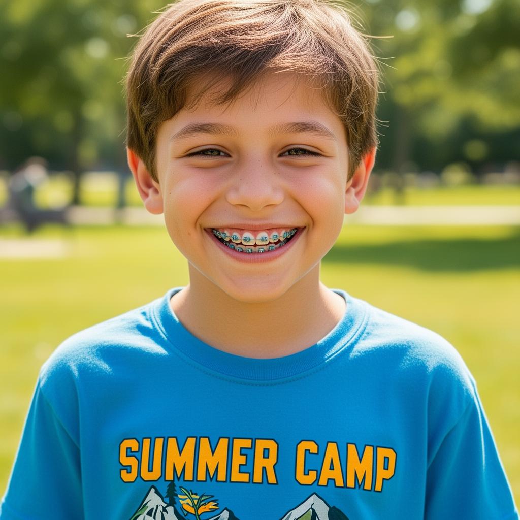 Smiling kid with braces at camp
